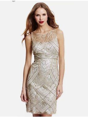 SUE WONG 12 Champagne Silver Beaded Sequin Gatsby Formal Cocktail Evening Dress